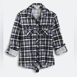 Passport Girls Tie Front Hi Lo Plaid Button Down Shirt - Black & White - Size 12